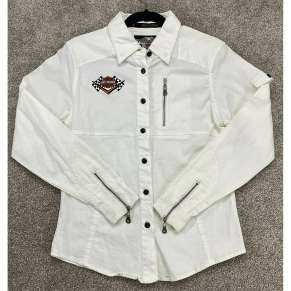 Harley Davidson Women Medium White Shirt Jacket Embroidered Long Sleeve